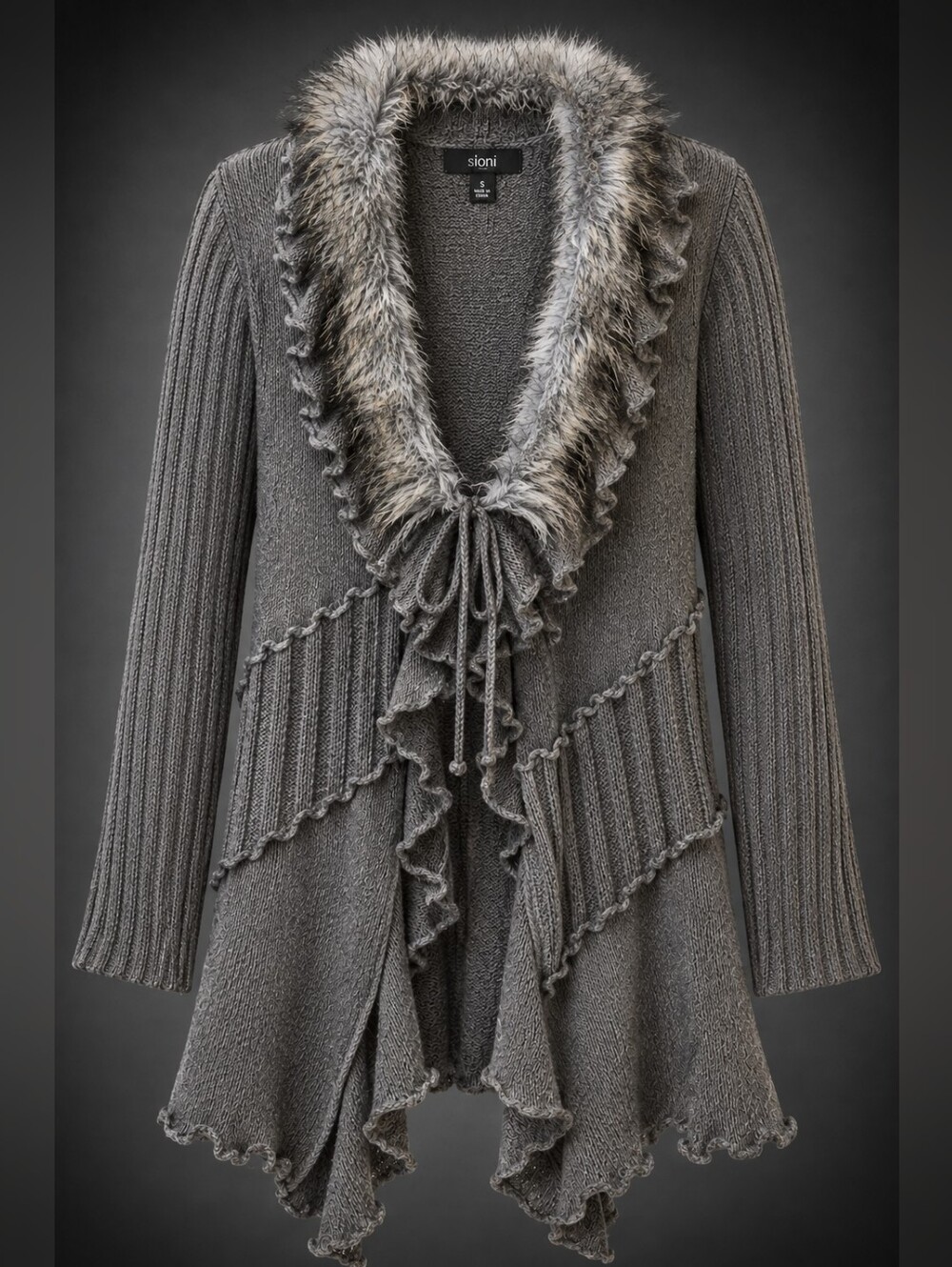 Sioni Y2K Fairy Grunge Whimsigoth Gray Faux Fur Ruffle Knit Cardigan S  Gypsy